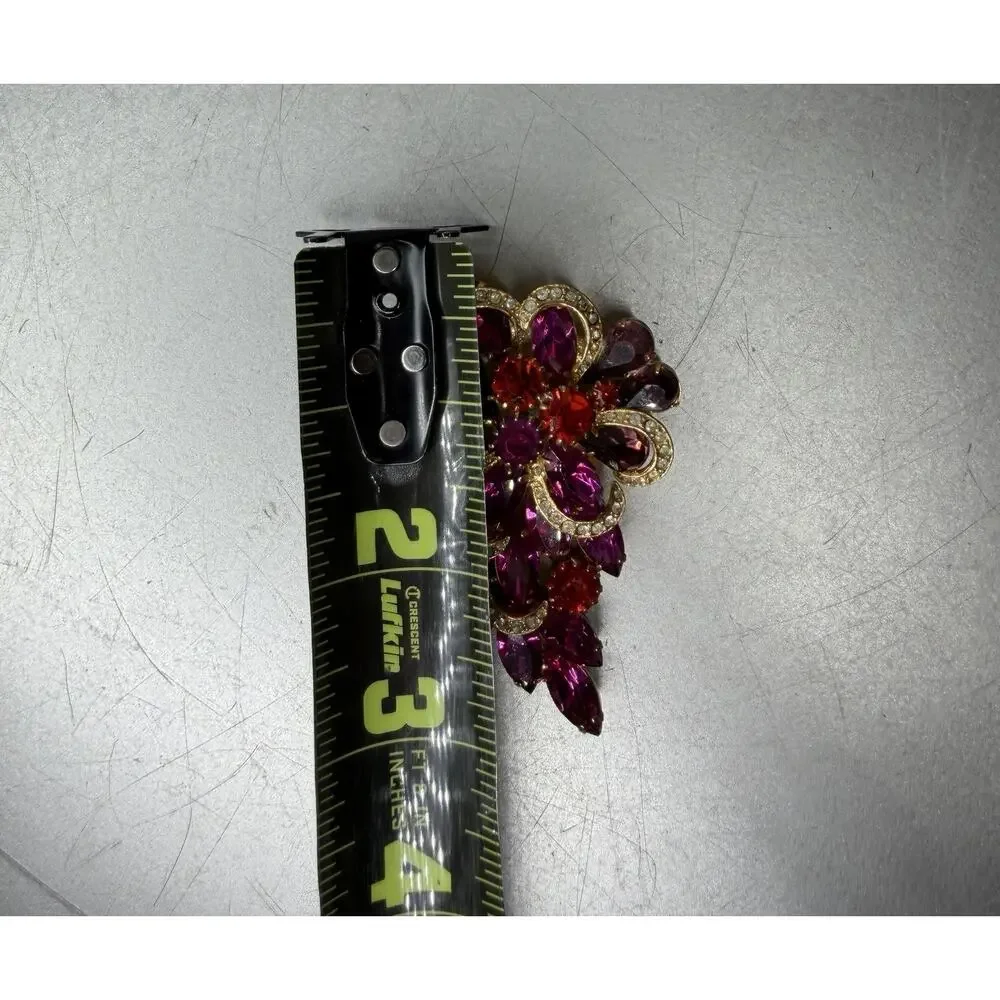 Vintage Gold Tone Purple Pink Red Big Rhinestone Large Flower Floral Pin Brooch